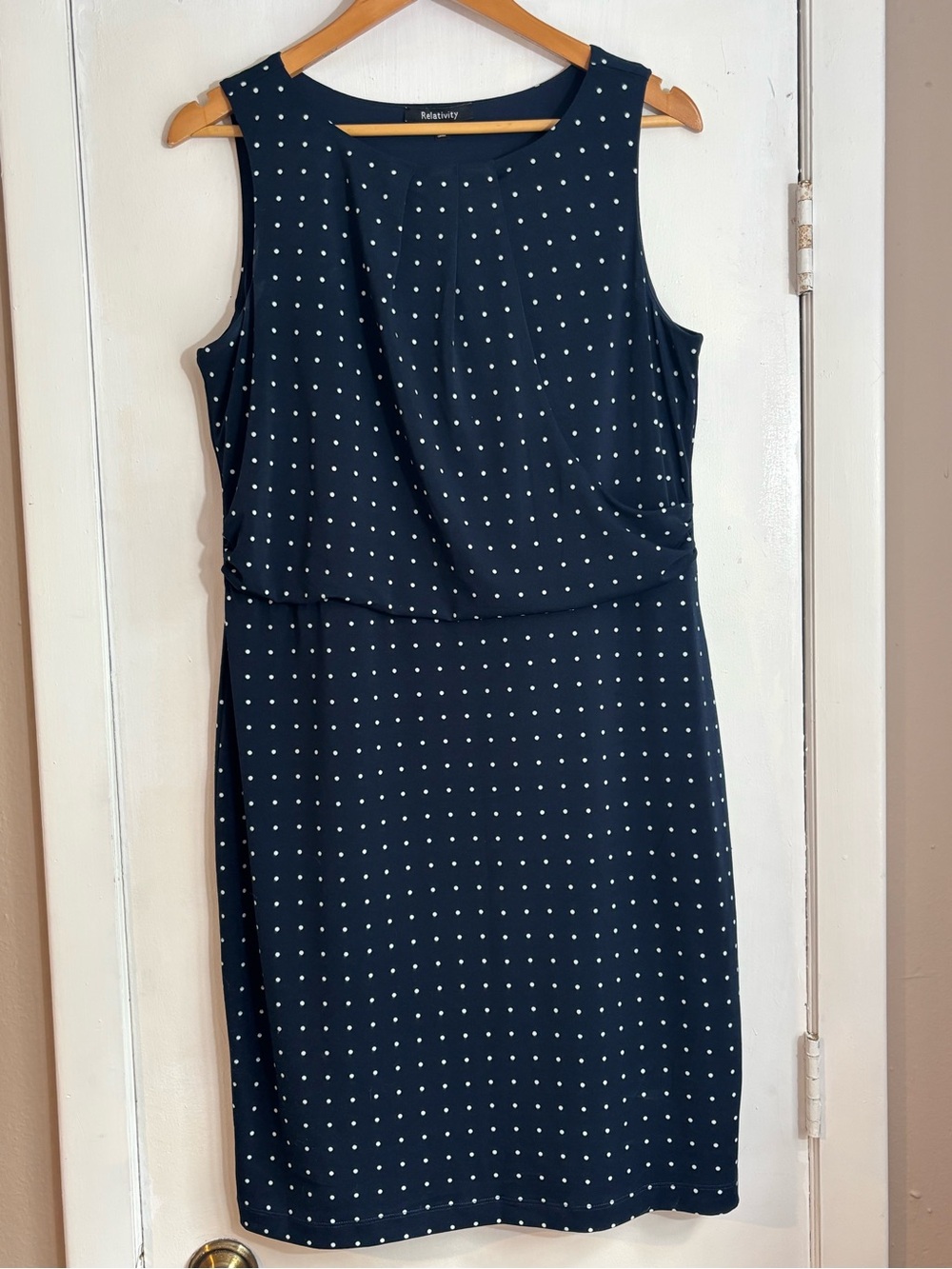 Relativity Navy with White Polka Dot Midi Sheath Dress